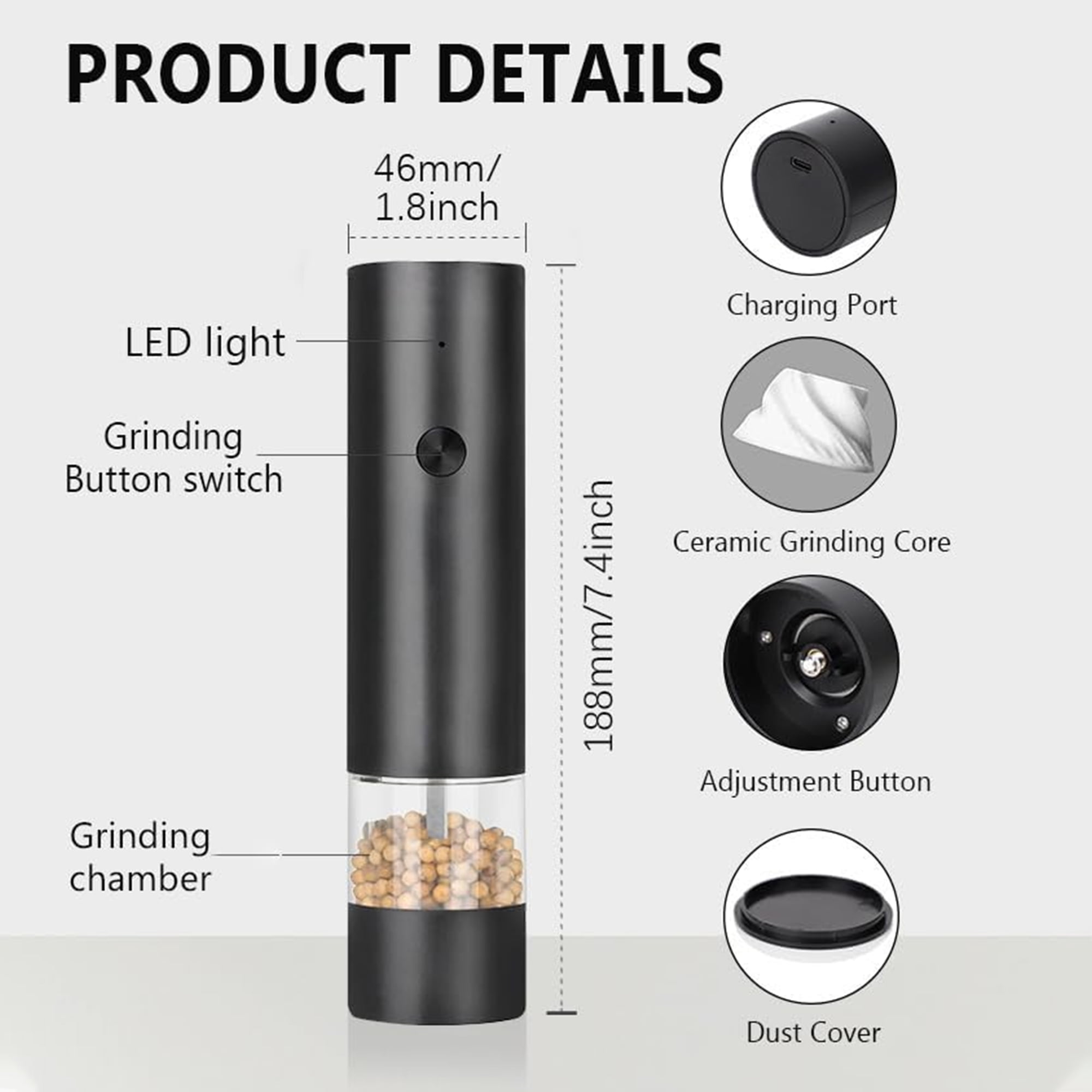Electric Salt and Pepper Grinder Set - Rechargeable Automatic Salt and Pepper Shakers, 40ml Hopper for Cooking, Home Gifts(2 Pack,Black/Black)