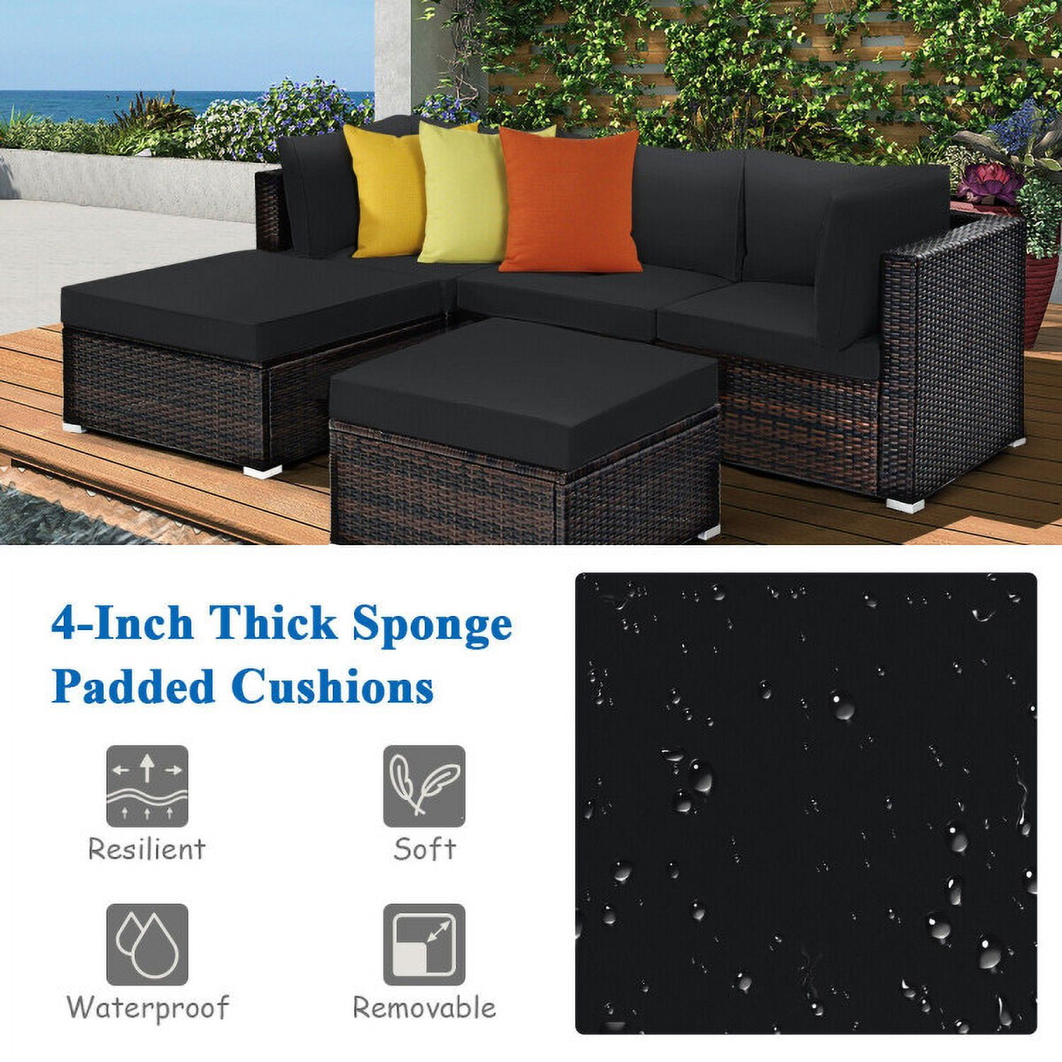 Aimee Lii 5 Pieces Patio Sectional Rattan Furniture Set with Ottoman Table, Outdoor Patio Set, Black