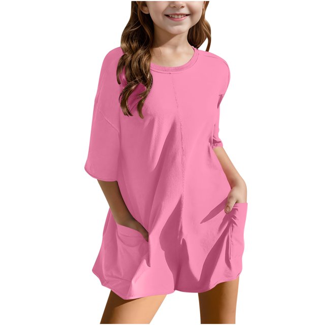 cfhntfmh Childrens Girls Rompers Casual Oversized Tee Half Sleeve Athletic Workout Wide Leg Shorts Jumpsuits with Pockets
