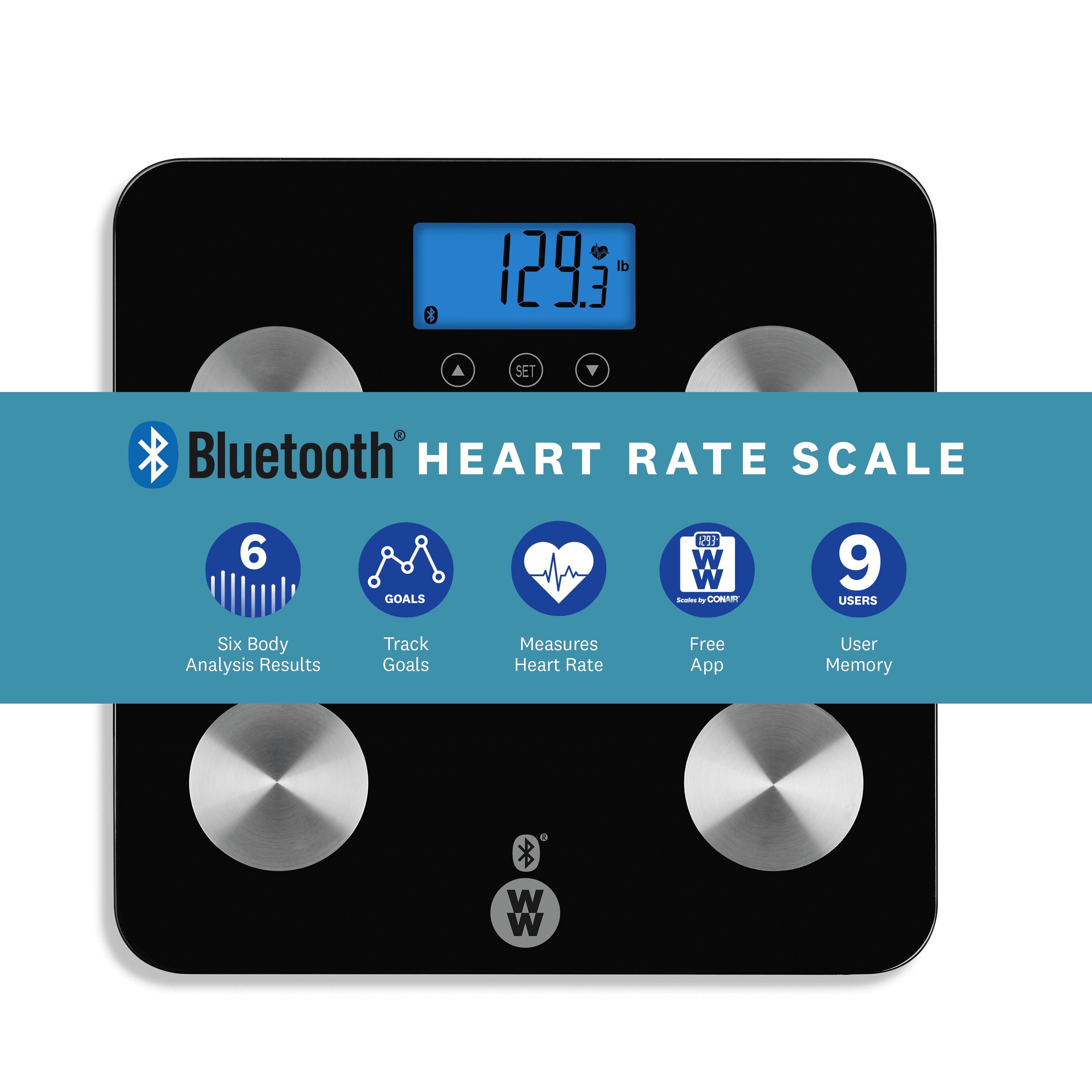 Weight Watchers by Conair Bio-Impedance Analysis Heart Rate Blue Backlit LCD Display Body Weight Scale Type w/Bluetooth 400lb capacity WW934ZF