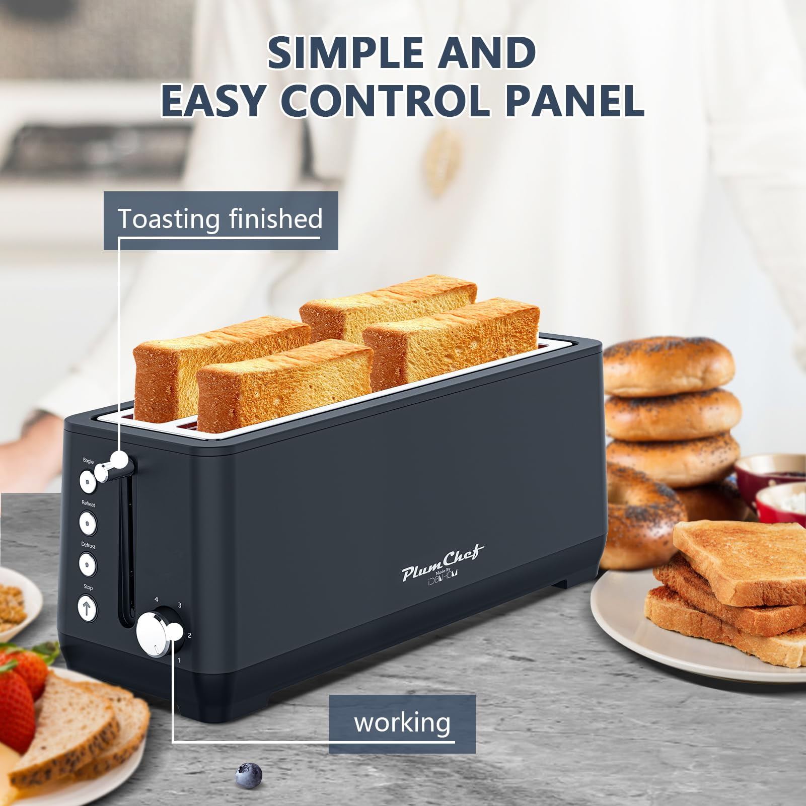 4-Slice Toaster, Extra Wide Long Slot Toaster, 6 Browning Settings, Bagel/Defrost/Reheat Functions, Removable Crumb Tray, Stainless Steel Housing 1350W, Black