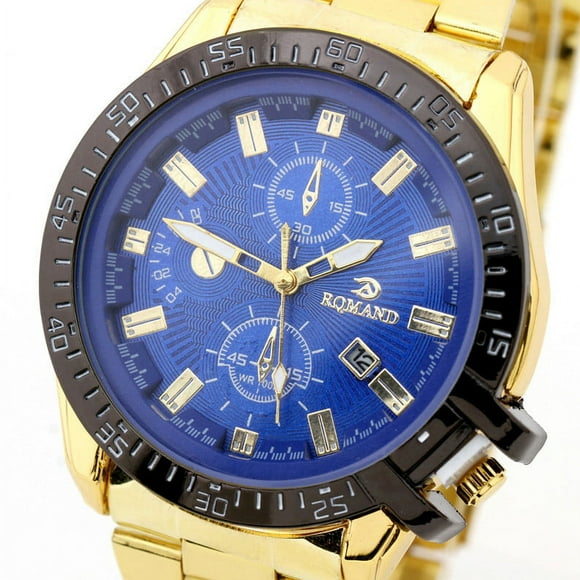 Iumwxz Luxury Mens Black Dial Gold Stainless Steel Date Quartz Analog Sport Wrist Watch