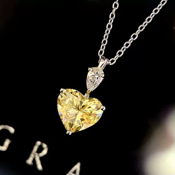 HOOUN Women 925 Silver Wedding Yellow Heart Necklace Pendant Cubic Zirconia Jewelry-Yellow