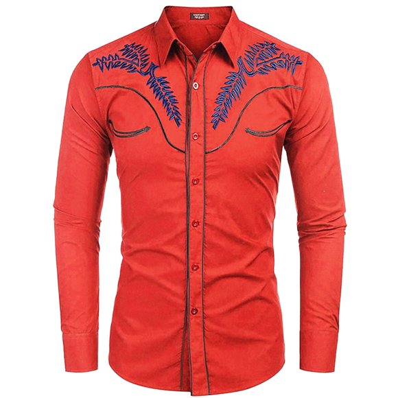 LUOGENLI Male T-shirts for Mens Men's Western Denim Shirt Casual Long Sleeve Button Cotton Shirt Mens T-shirts Graphic Tees Vintage St. Patrick's Day Red L