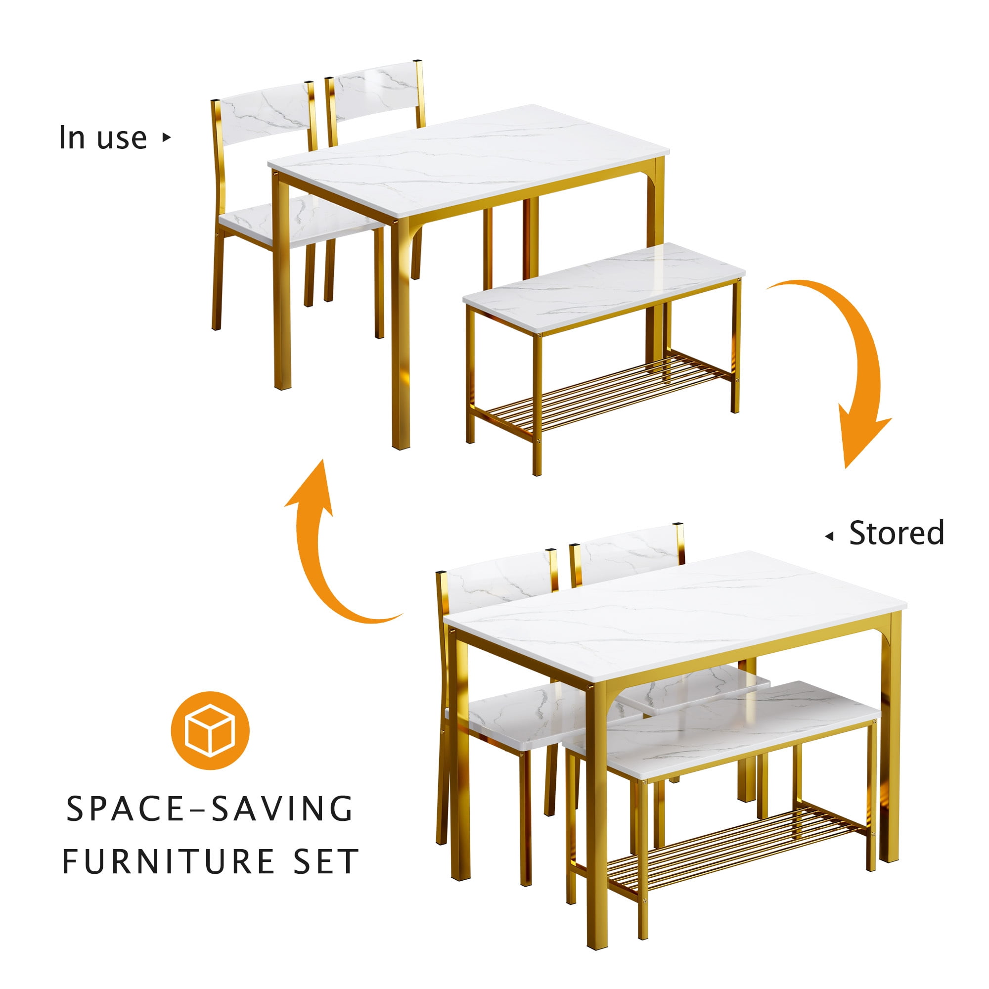 SogesPower 4 Pieces Contemporary Wood, Iron Dining Table Set Gold/White