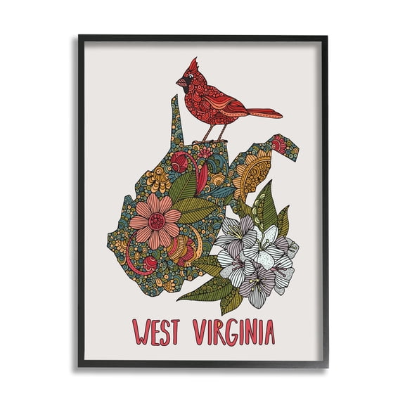 Stupell Industries West Virginia State Cardinal Detailed Floral Pattern Graphic Art Black Framed Art Print Wall Art, Design by Valentina Harper