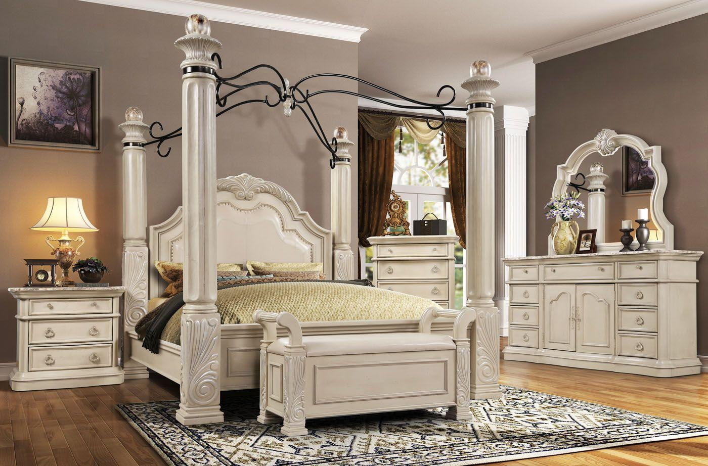 Antique White Solid Hardwood Queen Canopy Bedroom Set 2Pc McFerran B6006  Classic