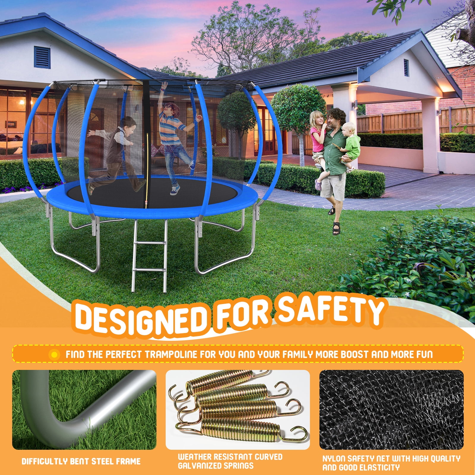 SENCHO GINSYTALIOR 10ft Trampoline with Steel Ladder & 530lbs Safe Enclosure Net for Kids Adults