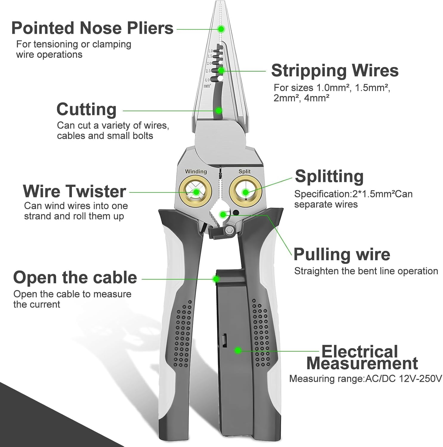 8-in-1 Wire Stripper with Voltage Testing Function - Professional-grade multi-function wire stripper tool combining wire cutting, crimping, stripping, twisting, and pulling
