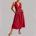 thumbnail image 5 of jtjvou Summer Cotton Linen Tank Dresses for Women 2026 Wrap V Neck Sleeveless Button Waist Flowy Midi Sundress with Pockets Red XXL, 5 of 6