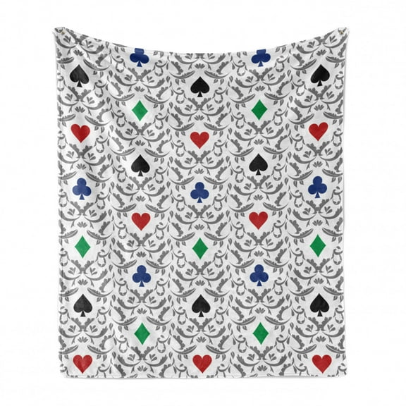 Gambling Soft Flannel Fleece Throw Blanket, Hearts Spades Diamonds and Blubs with Victorian Swirling Ornaments, Cozy Plush for Indoor and Outdoor Use, 70" x 90", Multicolor, by Ambesonne
