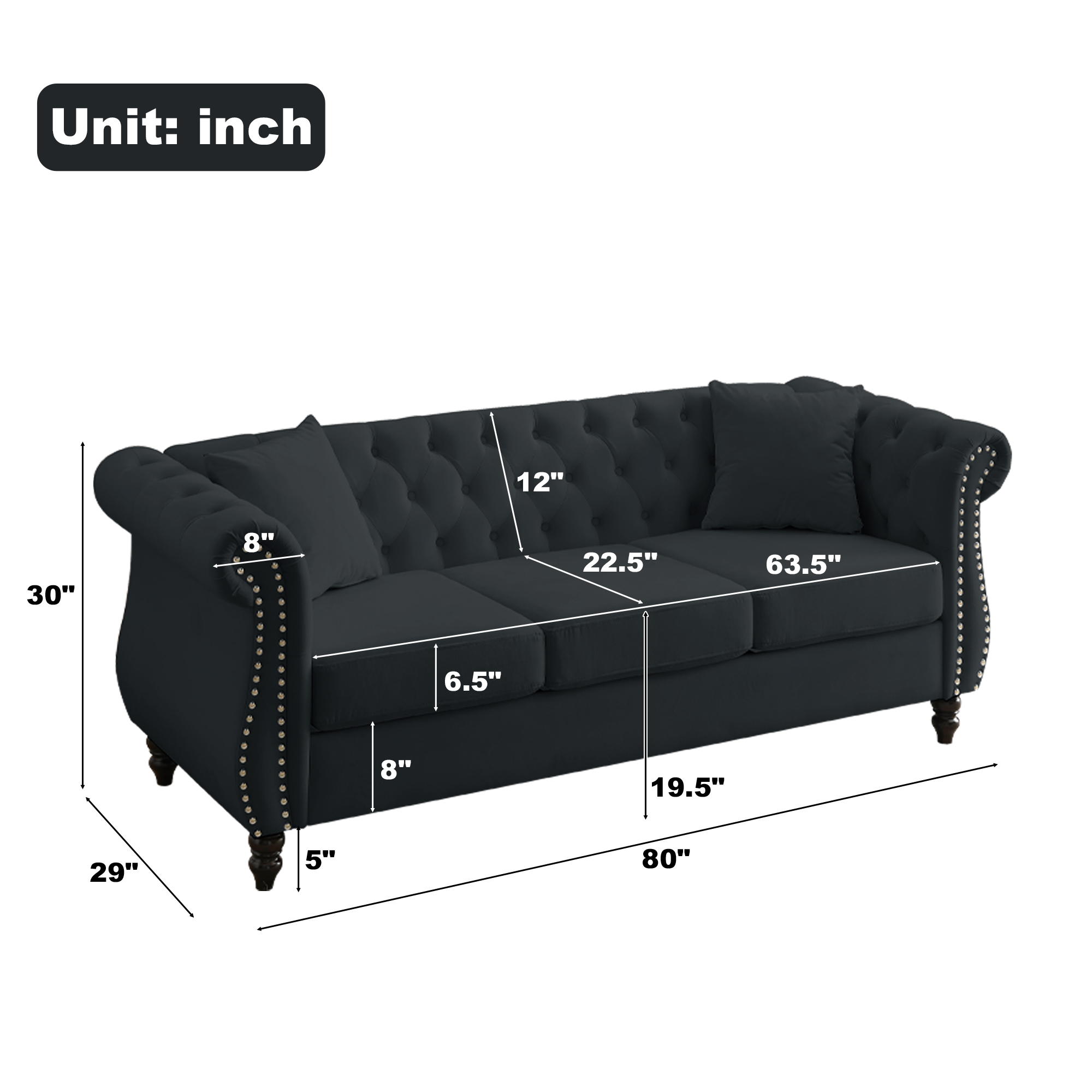 Mid-Century 80"L Couch, 3-Seat Couches and Sofas, Upholstered Sofa with Thicked Cushions, Modern Sofa with Wood Legs, Heavy Duty Couch Furniture for Home Living Room, 80"L x 29"W x 30"H, Black