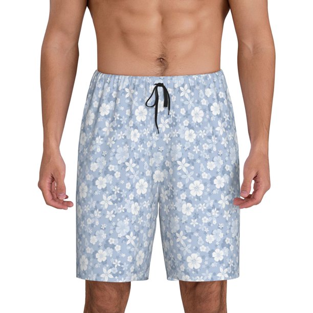 Fotbe Gray White Floral Pantalones Cortos de Pijama para Hombre, Ropa de Dormir, Pantalones de Pijama Cortos para Hombre-4X-Large