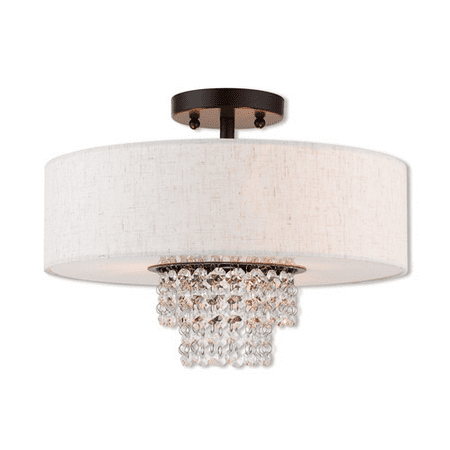 

Semi Flush Mounts 3 Light With English Bronze Crystal Clear Hand Crafted Oatmeal Color Fabric Outside & White Fabric Inside Hardback Medium Base 15 inch 180 Watts - World of Crystal