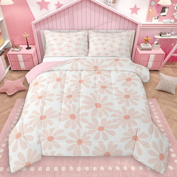 Homewish Kawaii Groovy Girls Bedding Comforter Set, Rustic Farmhouse Flower Twin Comforter Sets, Dreamy Pink Daisy Reversible Bedding Set, Microfiber Bedroom Decor, 2pcs