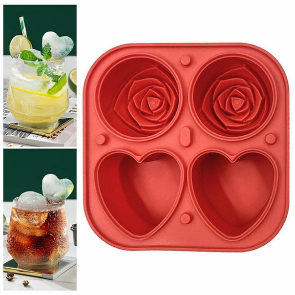 Ice Cube Tray,Rose & Heart Large Ice Cube Tray Non Stick Food Grade Silicone Ice Ball Maker Whiskey Ice For Cocktails Whiskey Built In Funnel