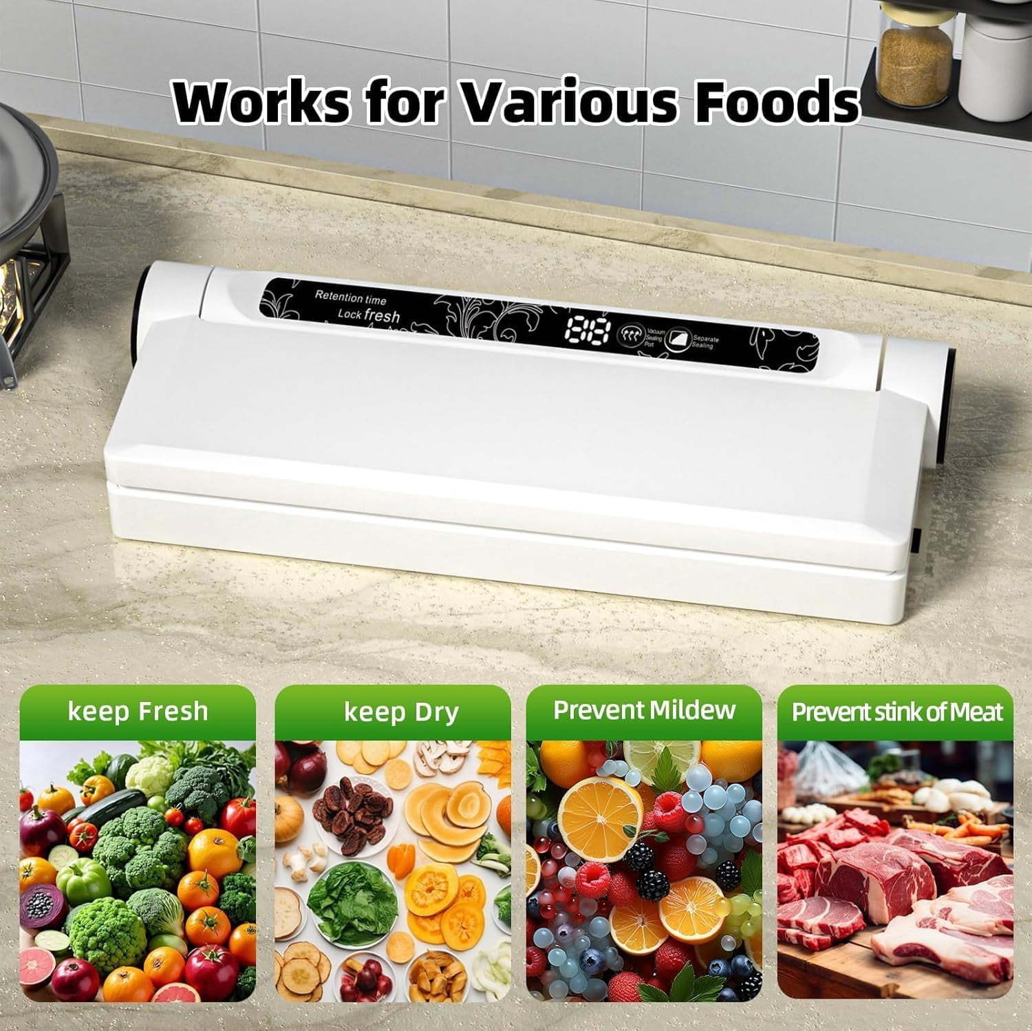 Optimized Food Vacuum Sealer for Home Use, 75KPA with 20 Bags, Digital Timer & Dry/Wet Modes, Compact for Kitchen Storage, Sous Vide & Meal Prep