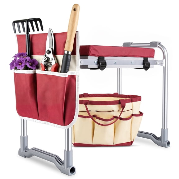 SAFH Garden Kneeler and Seat, Foldable Heavy Duty Bench with Wide Foam Kneeling Pad, Steel Frame, Includes 2 Tool Pouches