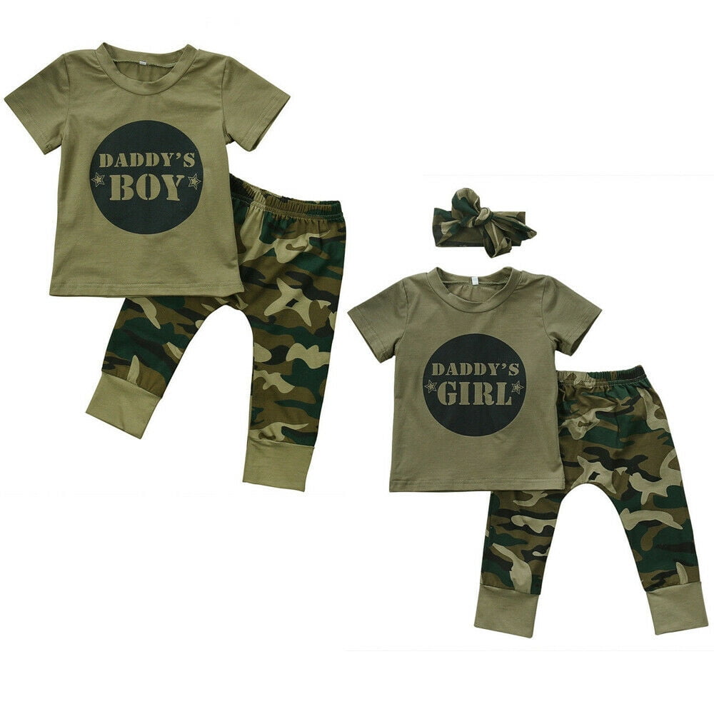 Green Long Pants Outfit Set BOBORA Mamas Boy Girl Camouflage Short Sleeve T-Shirt Tops