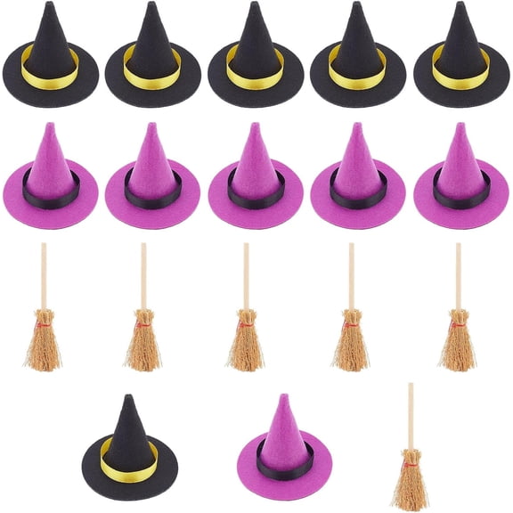 12Pcs Mini Hats 2 Colors Polyester Mini Top Ornament Hat Accessories with 6Pcs Wood Mini Broom Witches for Party Favors DIY Hair Accessories Crafts DIY