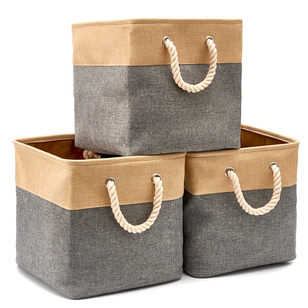 Top Home Solutions 6 Pack Large Foldable Square Canvas Cube Storage Box Collapsible Fabric Cubes Kids Bedroom Office Beige 