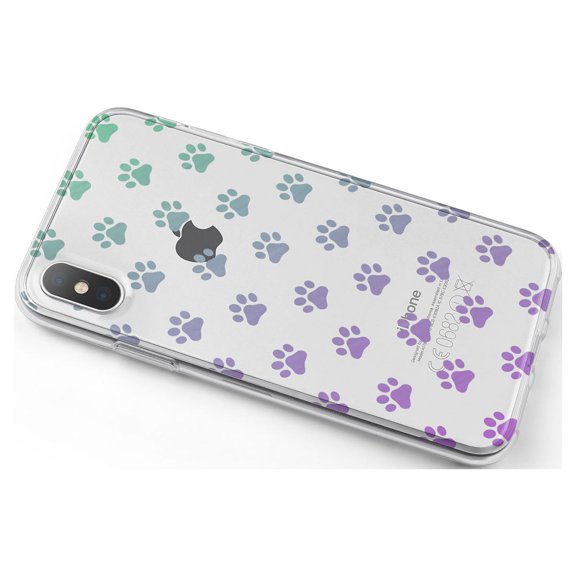 DistinctInk Clear Shockproof Hybrid Case for iPhone X / XS (5.8" Screen) - TPU Bumper, Acrylic Back, Tempered Glass Screen Protector - Graident Pawprints - Purple to Green