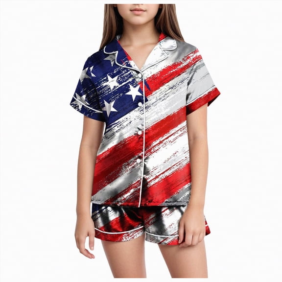 Kaprioy My First 4th of July Baby Girl Outfit Satin Pajama Sets Short Sleeve Button Down Sleepwear Silky Nightwear Loungewear 2 Piece PJS