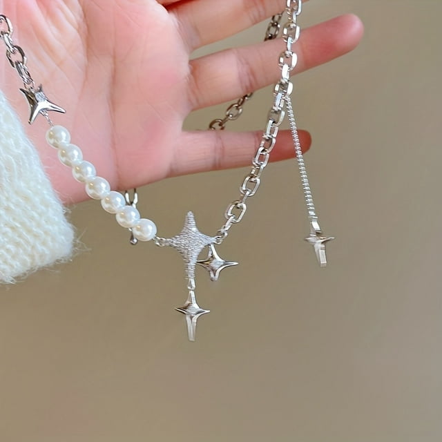 Collier Décoratif Étoile & Fausse Perle Style Y2K Bijoux de Fête