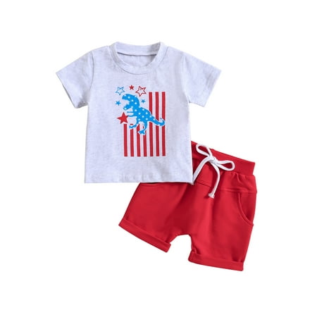 

Qtinghua Toddler Baby Boy 4th of July Outfit USA Short Sleeve T-Shirt Tops Shorts Summer Clothes Gray Dinosaur 18-24 Months