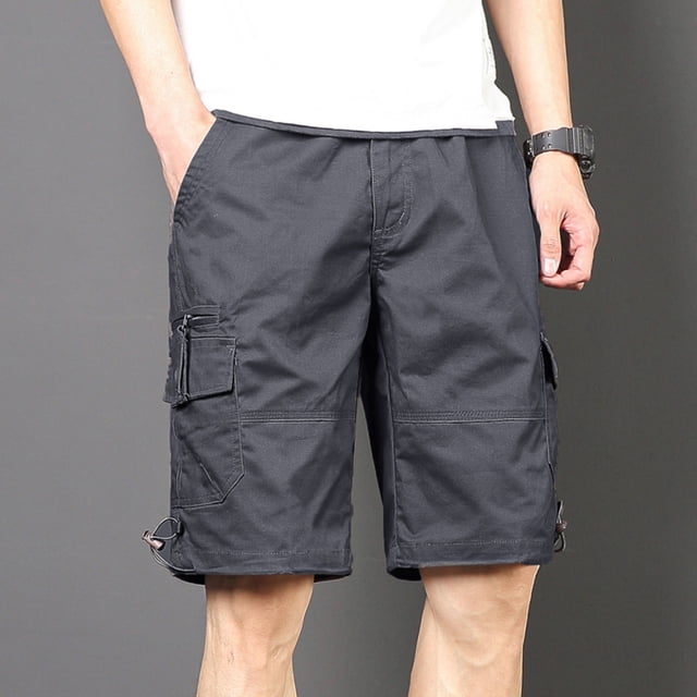 pstuiky Pantalones cortos de gimnasio, Pantalones cortos deportivos para hombre, con cinturón, múltiples bolsillos, botones y cremallera, para exteriores, de trabajo, hasta la rodilla.