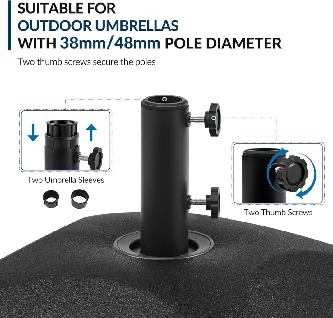 WJSP Fillable Mobile Umbrella Base, Heavy Duty Patio Umbrella Pole Holder for Outdoor 4 Wheels, 2 Locks 2 Knobs 123lb Capacity for Deck, Poolside, Garden, Black