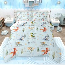 Feelyou Magic Dragon Teens Queen Comforter Set, Kawaii Dino Animal Blue Bedding Sets, Cartoon Cloud Stars Reversible Bedding Comforter Set, Ultra Soft Bedroom Decor, 3pcs