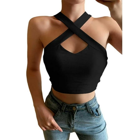 

Qiylii Women Solid Color Vest Cross Hanging Neck Short Camisole Hollow Slim