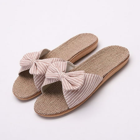 Shldybc Women s Slide Sandals  Women Female Bowknot Flax Linen Flip Flops Beach Shoes Sandals Slippers  Summer Savings Clearance