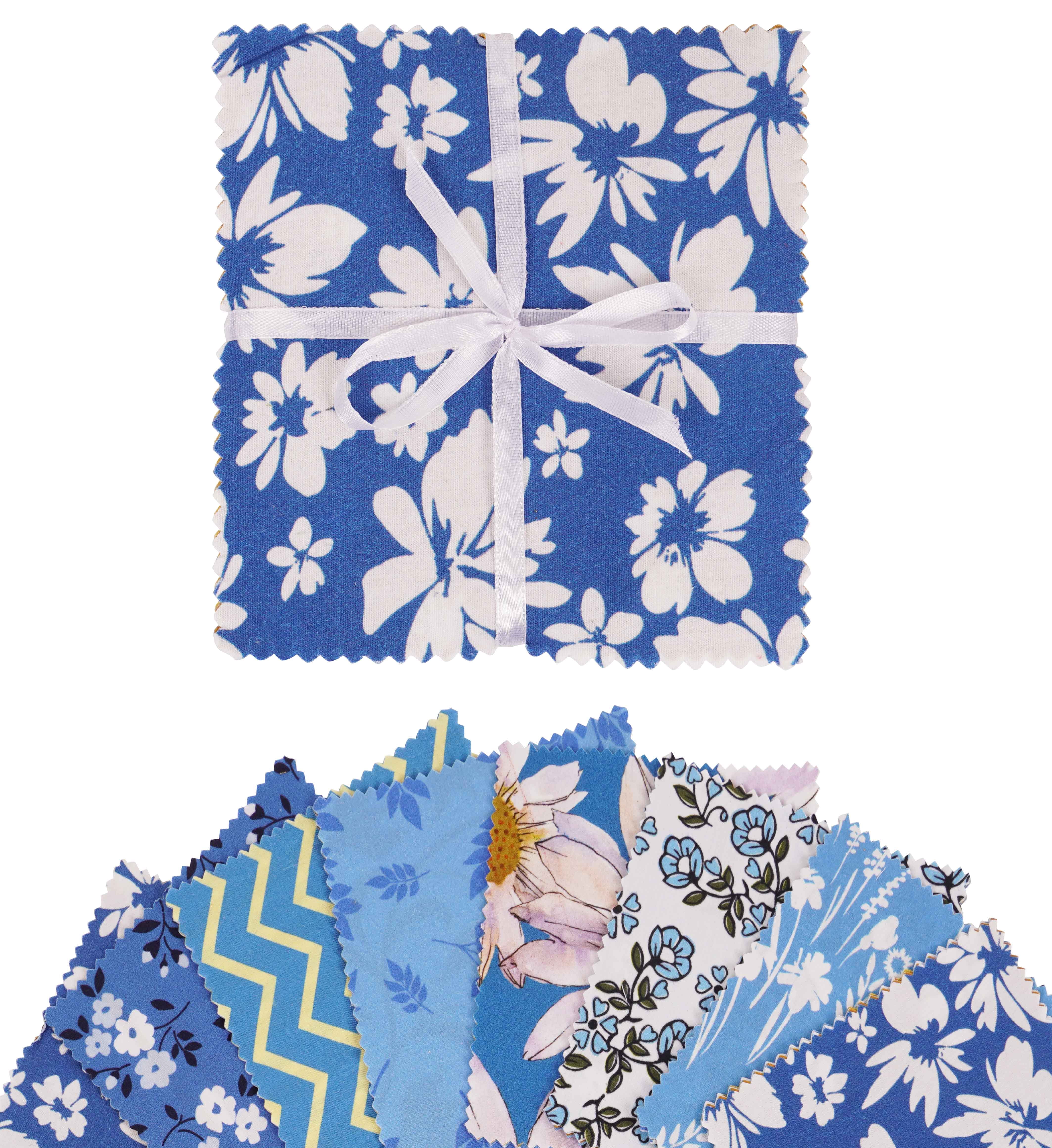 Soimoi Precut 10-inch Florals Prints Cotton Fabric Bundle Quilting Squares Charm Pack DIY Patchwork Sewing Craft- Mustard- Blue- White