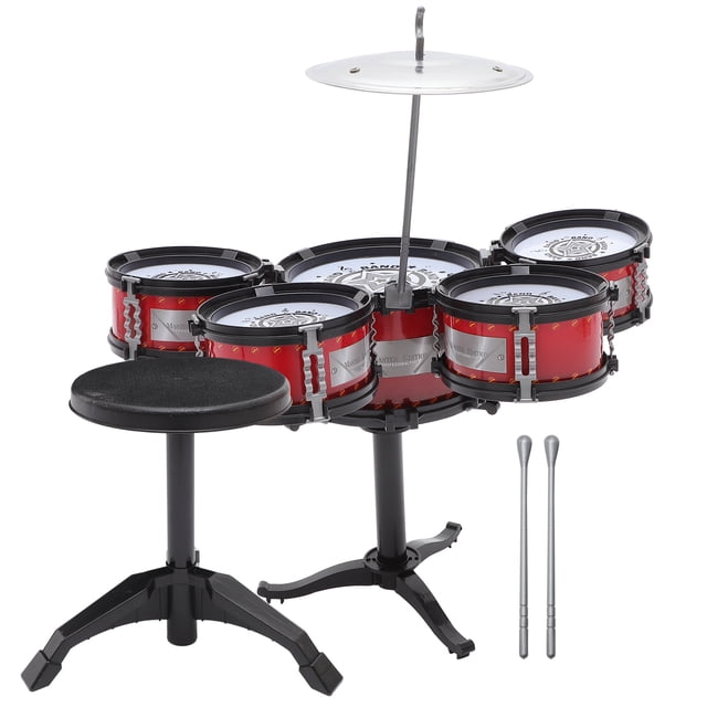 Mini juego de percusión para niños, 1 pieza, educación musical, con 5 tambores y un taburete (rojo)