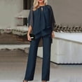 thumbnail image 3 of YUEJUIR Elegant Ruffle 2 Piece Sets Women's Solid Color Loose Irregular Set Casual Pantsuits with Short Sleeve Chiffon Ruffle Blouse (Navy Blue,XXL), 3 of 4