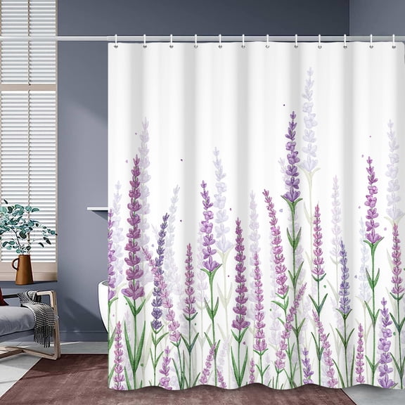 MIZHONA Purple Lavender Shower Curtain Spring Floral and Sage Flower Fabric Bathroom Curtain Set 72"W x 72"L