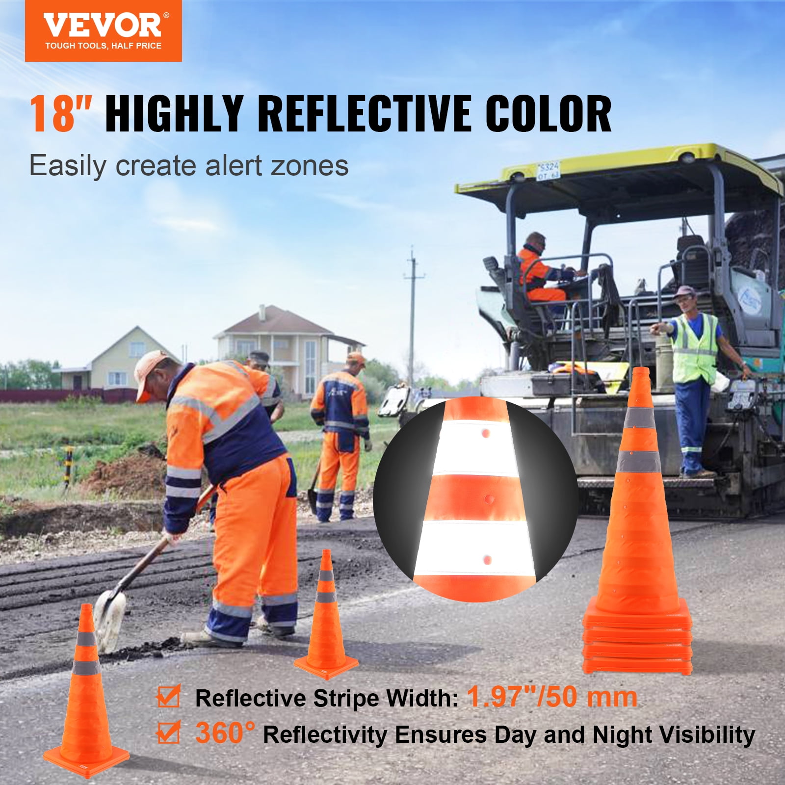 KFFKFF Safety Cones 4 pcs 28" Collapsible Traffic Cones with Reflective Collars for Parking Lot, Road Parking, Driving Practice, Roadside Emergency and Vehicle Safety, Orange, 4 Pack