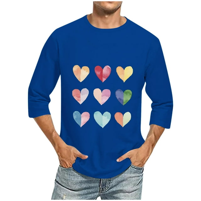 Camisas de Manga Larga para los Hombres Día de San Valentín Impresión Cuello Redondo Moda Casual, Mezcla de Poliéster de Lino de Algodón para Primavera Verano