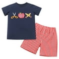thumbnail image 2 of IBTOM CASTLE Toddler Kids Boys Back to School Outfit Top with Shorts Schoolbus Embroidered Kindergarten Clothes 4-5 Years Navy Blue + Red Plaid, 2 of 8