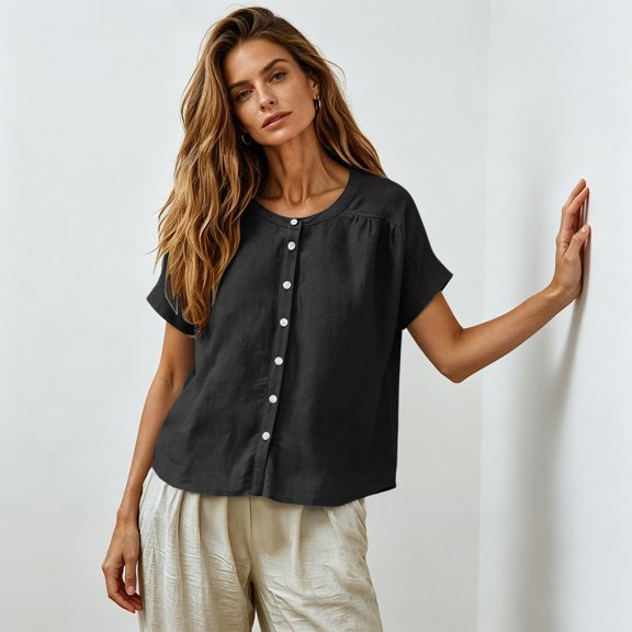 Resicozy Linen Button Down Shirts for Women Crew Neck Short Sleeves Blouse Lightweight Loose Fit Casual Tops Black XL