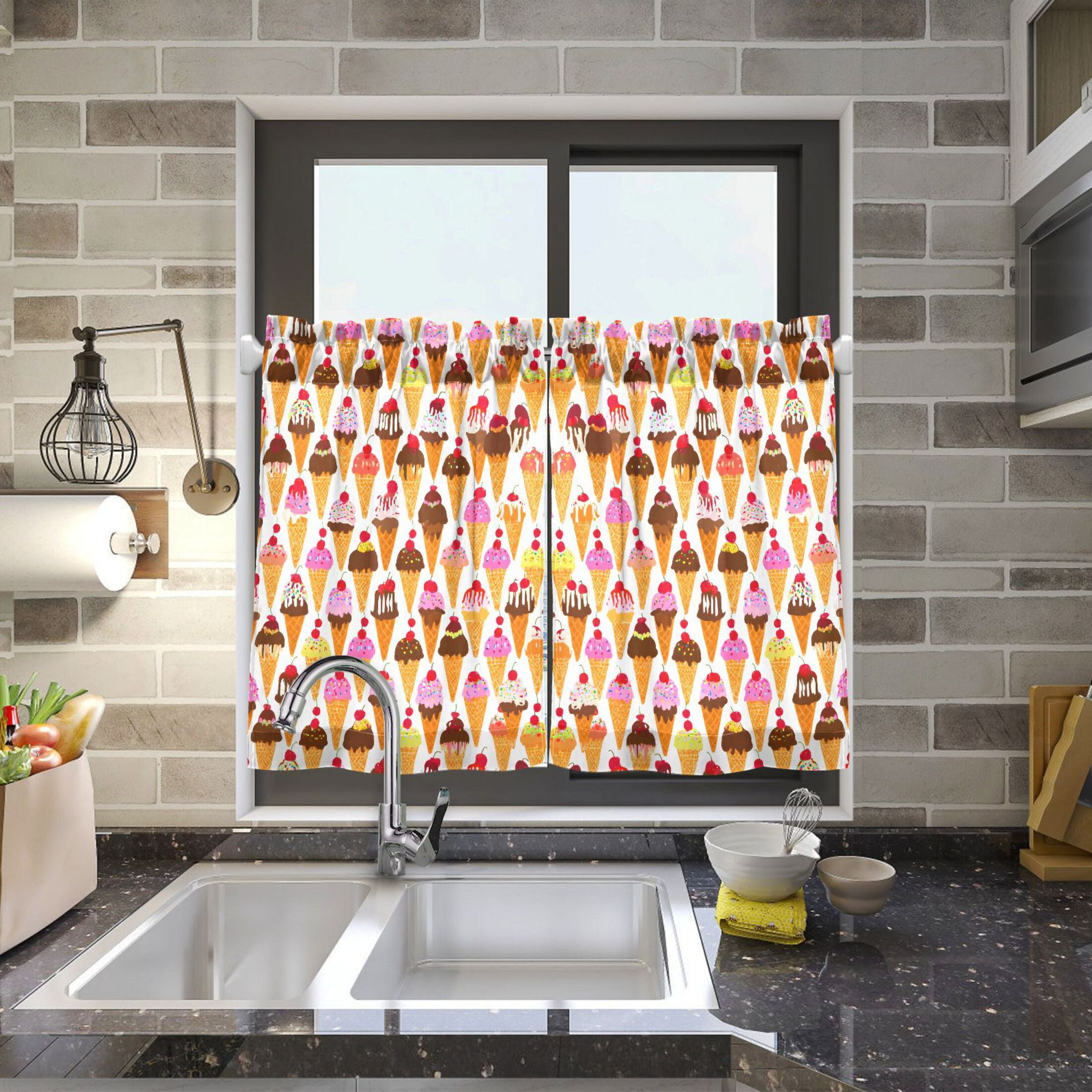 Linen Kitchen Curtains Colorful Ice Cream Cones Tier Curtains Tier Kitchen Living Room Bedroom Balcony 2 Panels 27x36 Inch