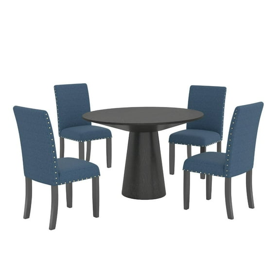 Roundhill Furniture Nuevo 5-Piece Round Dining Set, Pedestal Dining Table with 4 Chairs, Blue
