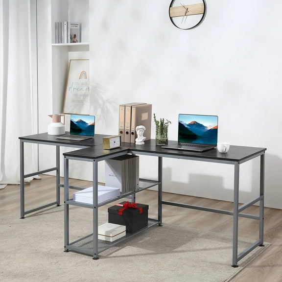 83" Two Person Computer Desk with 2 Storage Shelves, Double Desk Workstation with Book Shelf