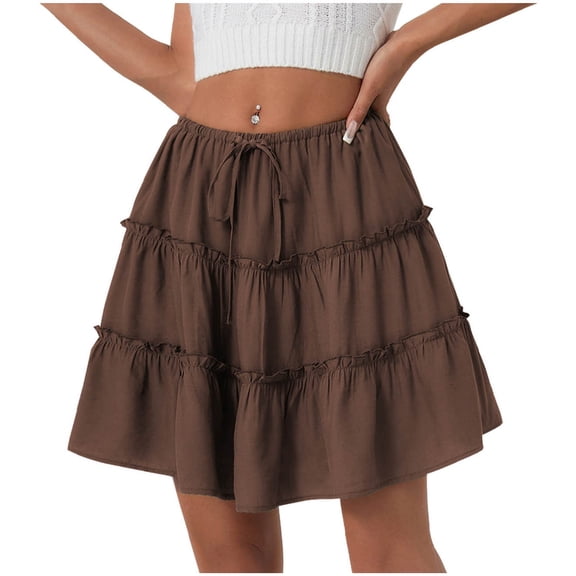 Akafmk Summer Womens Casual Skirts,Womens Flowy Tiered Ruffled Floral Skirt,Solid Color High Waisted Tiered Skirts Loose Fitting Vacation Beach Mini Skirts