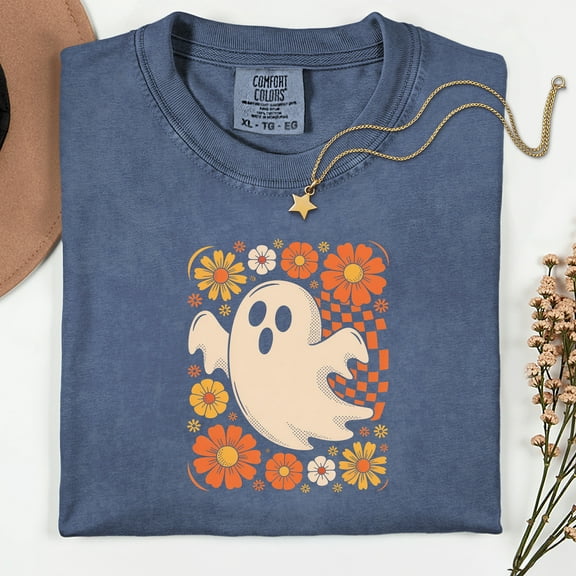 Comfort Colors® Checkered Ghost Shirt, Halloween Floral Ghost Shirt, Cute Fall Shirt, Cottagecore Ghost Tee