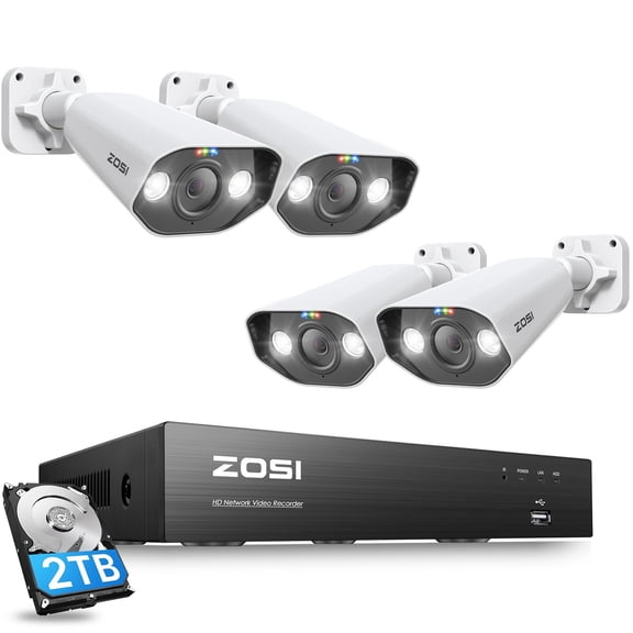 4K Spotlight Security Camera System, ZOSI Security POE System, 8MP AI Person Vehicle Detection Outdoor Camera, 2 Way Audio, Color Night Vision, 8CH 4K NVR with 2TB Hard Drive