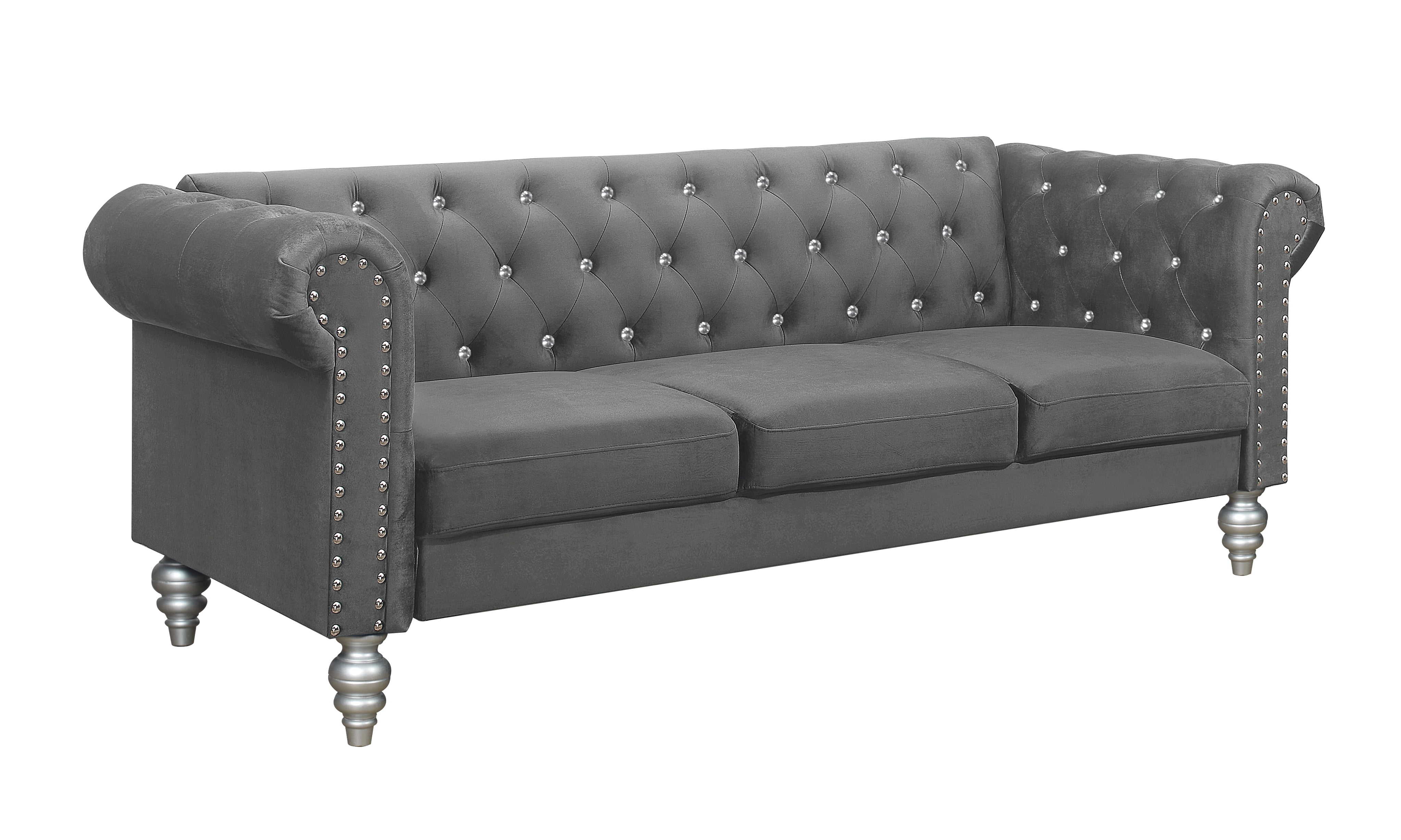 Home Design Emma Contemporary Velvet Rolled Arm Chesterfield Sofa with Diamond Button Tufted Back and Nailhead Trim, Wood-Turned Legs, Modern Luxury, Gray