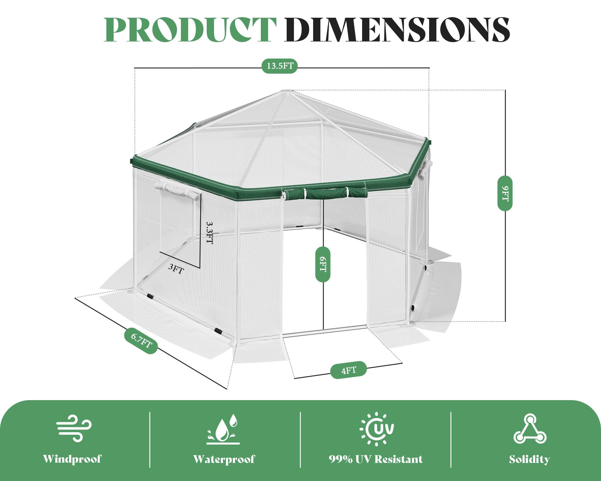 13.5x13.5x9 ft Hexagonal Walk-in Greenhouse for Outdoors, White/Green